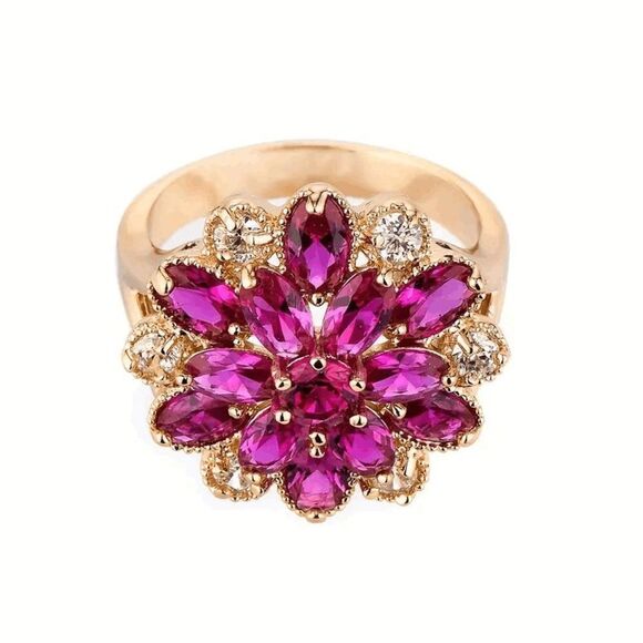 Ruby Rose Diamond Gold Flower Ring - Size 7 - Picture 3 of 8